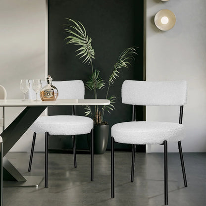 HomeZeer Dining Chair Set of 2, Modern Boucle Upholstered Dining Chair, Dining Room Round Seat with Curved Backrest, White Dining Room Chairs with Black Metal Legs for Kitchen