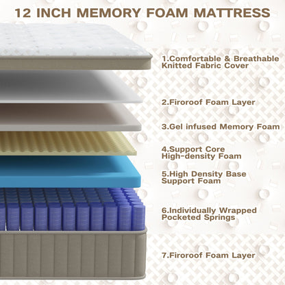 GUUKIN Queen Mattress, 12 Inch Hybrid Gel Memory Foam Mattress with Individually Wrapped Pocket Coils, Medium Firm Support, Pressure Relief, Mattress in a Box