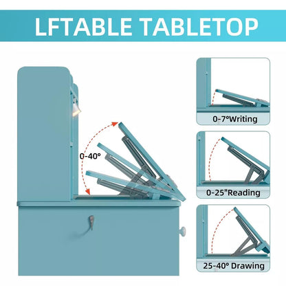 PAKASEPT Kids Desk and Chair Set with Hutch, Wooden Children Table with 3-Color Lights, Tiltable Desktop, Drawers, Storage Shelf, for Kids Bedroom