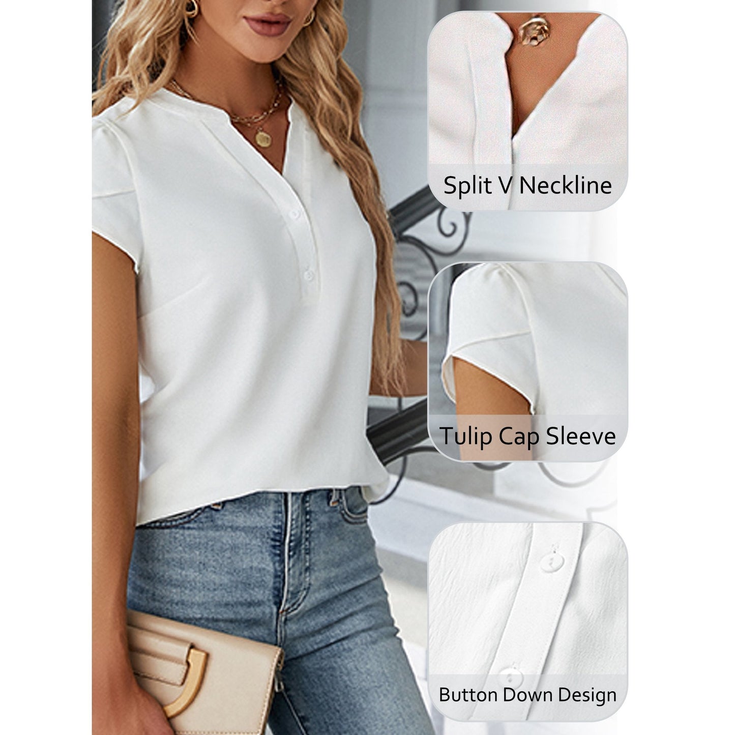 VDJ Women Dressy Tops Summer Petal Short Sleeve V Neck White Tshirts Fashion Business Blouses Lightweight Clothes Size L