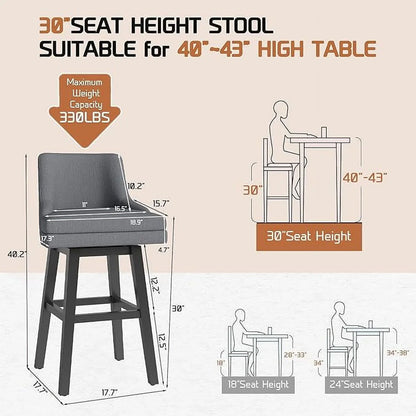 HomeZeer 30 Inch Bar Stools Set of 2, Swivel Counter Height Bar Stools with Back, Upholstered Bar stools for Kitchen Island, Solid Wood Legs Bars Chairs with Footrest for Kitchen Dining Room,Grey