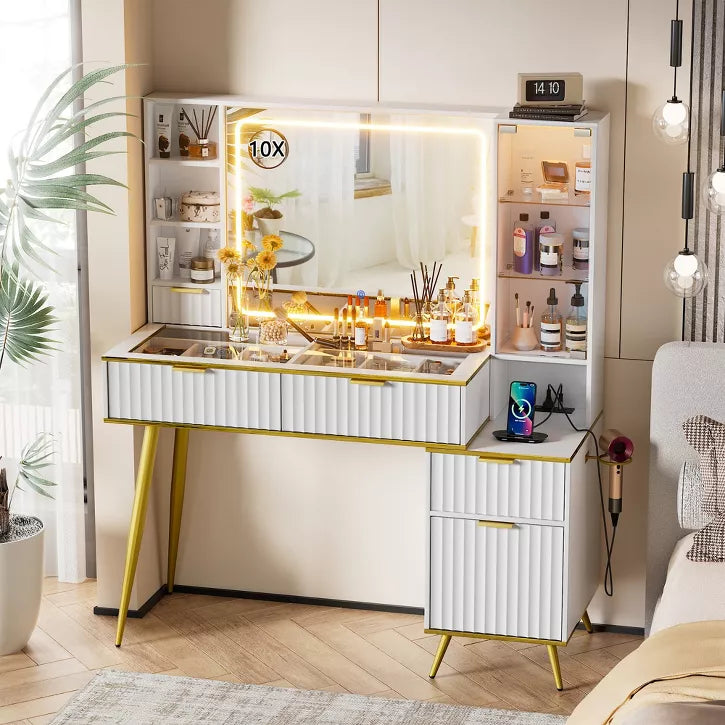 PAKASEPT Makeup Vanity Desk, Dressing Table with Lights & Power Outlet, Fluted Vanity Desk with Glass Top, 3 Drawers and 2 Cabinet