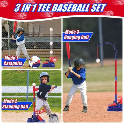 JASCOPRO Baseball Set for Kids, 3-in-1 Tee Ball Stand, Hanging Tee, Adjustable Ball Launcher