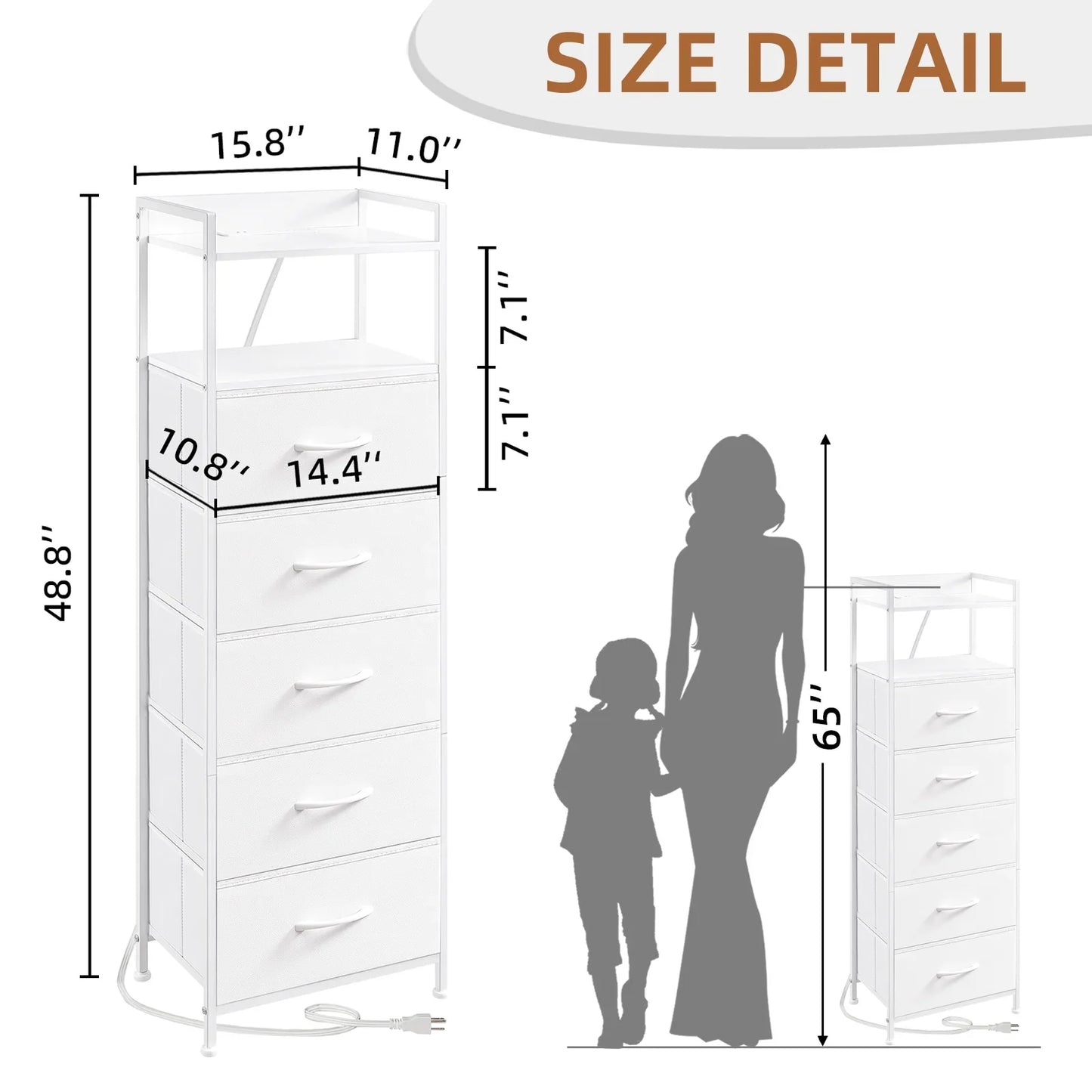 Somdot Fabric Dresser 5 Drawer Vertical with LED, Charging Station and Handle, White Leather