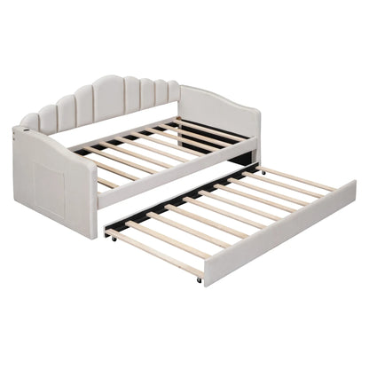 MODERNLUXE Twin Size Daybed with Trundle,Velvet Upholstered Day Bed Frame with USB Charging Ports and Side Pocket,Wood Slat Support,No Box Spring Needed,White