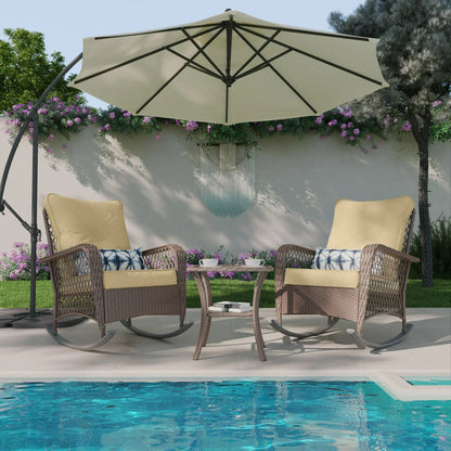 Poteban 3-Piece Outdoor Rocking Chairs, Wicker Patio Furniture with Thickened Cushions and Table for Porch (Khaki)