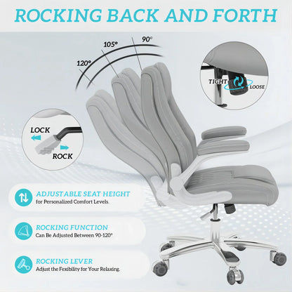 HomeZeer Executive Office Chair 400lbs, High Back Office Chair with Adjustable Flip-Up Arms,Leather Computer Desk Chair with Lumbar Support, Gray