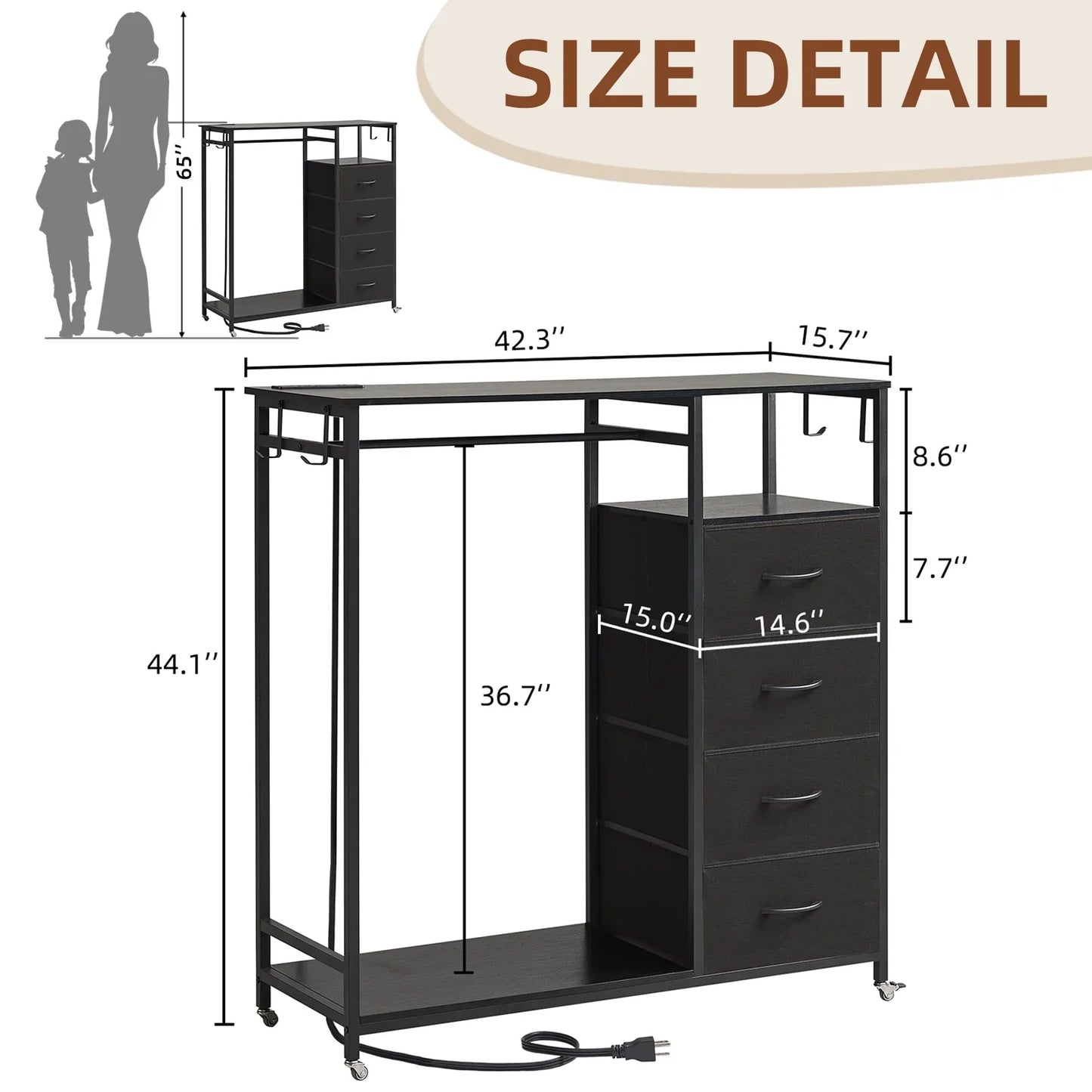 Somdot Dresser with Clothes Rack, 4 Drawers Dresser with Charging Station & LED, Black Storage Closet