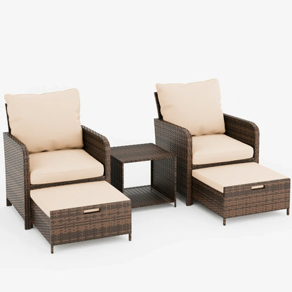 Poteban Balcony Furniture 5 Piece Patio Furniture Set, Outdoor Patio Chair with Ottoman for Front Porch Deck, Wicker Lounge Chair with Side Table, Khaki