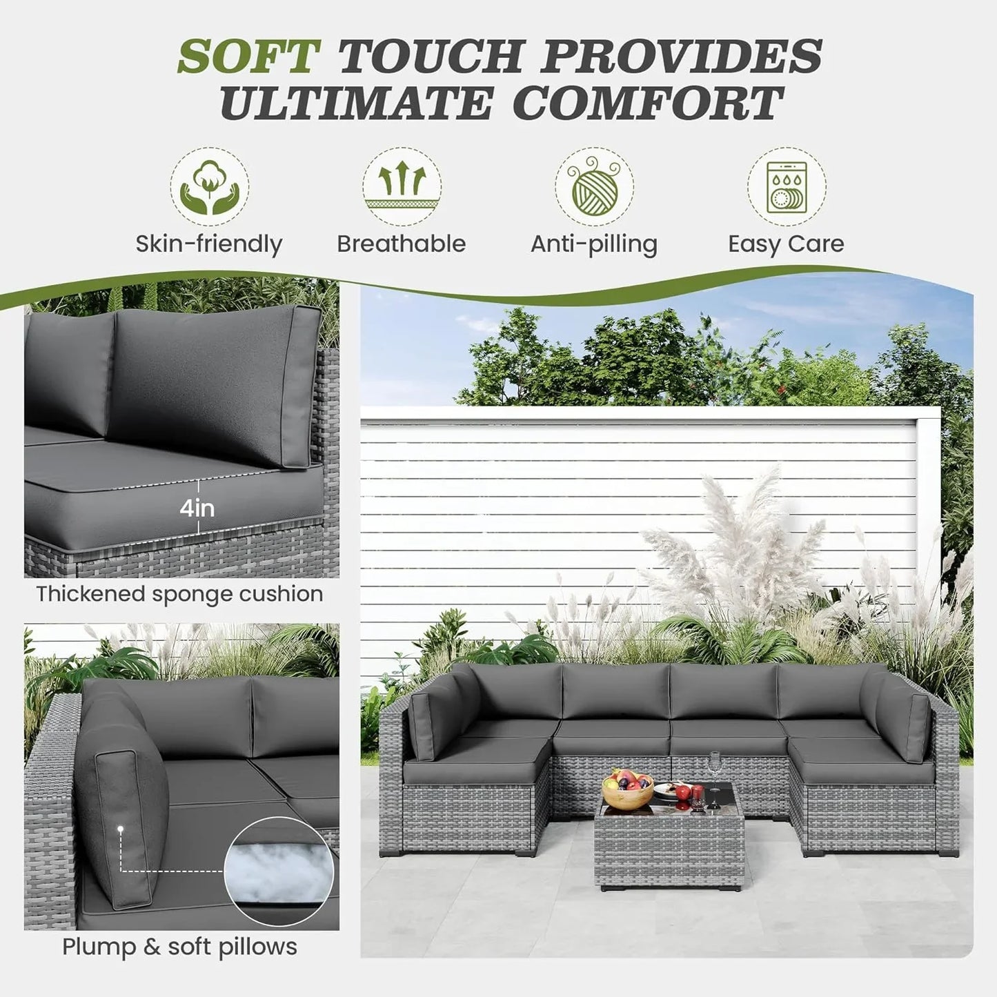 Poteban Outdoor Cushions for Patio Furniture Replacement, Waterproof Patio Furniture Cushions, Deep Seat Patio Cushions, Patio Seat Cushions for Outdoor Sectional (Grey)