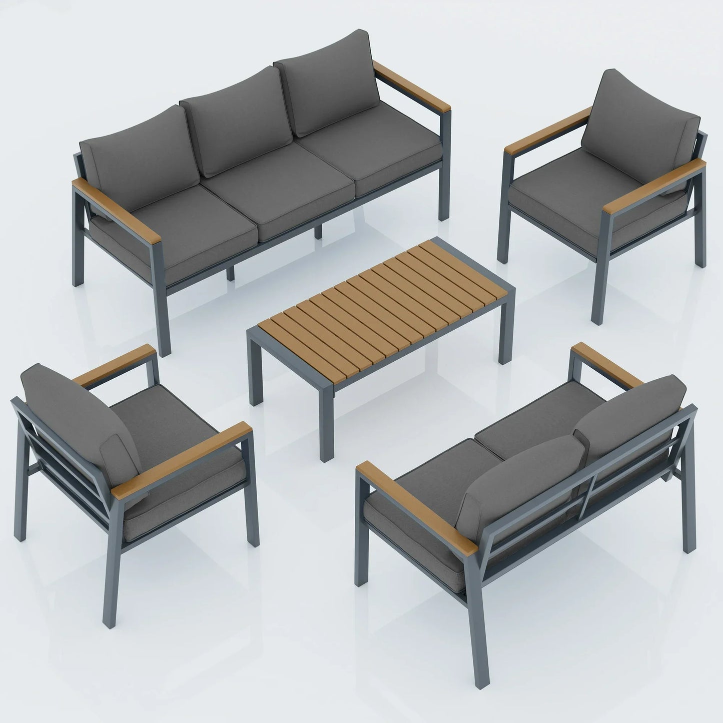 Poteban Aluminum Patio Furniture Set, Modern Metal Outdoor Patio Furniture, 8 Pcs Patio Conversation Sets with Wood Top Armrest & Table for Poolside, Deck, Dark Grey (Included Waterproof Covers)