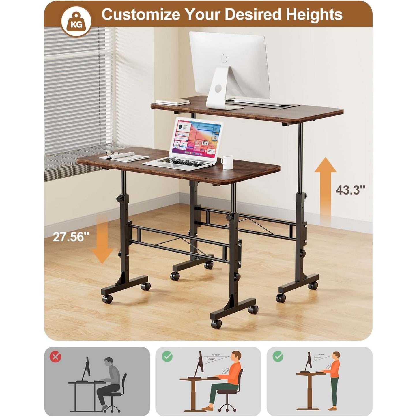 Small Standing Desk Adjustable Height, Mobile Stand Up Desk with Wheels, 32 Inch Portable Rolling Desk Small Computer Desk, Portable Laptop Desk Standing Table Rustic