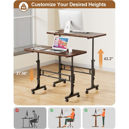 Small Standing Desk Adjustable Height, Mobile Stand Up Desk with Wheels, 32 Inch Portable Rolling Desk Small Computer Desk, Portable Laptop Desk Standing Table Rustic
