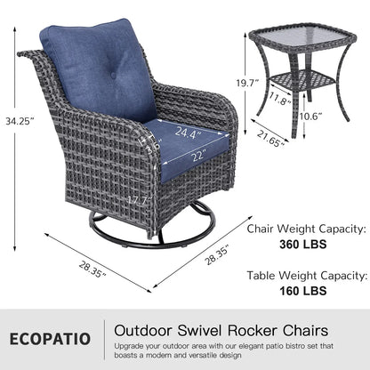 ECOPATIO 3 Pieces Patio Furniture Set, Outdoor Swivel Gliders Rocker, Wicker Patio Bistro Set w Rattan Rocking Chair, Glass Top Side Table Thickened Cushions for Porch Deck Backyard (Navy)