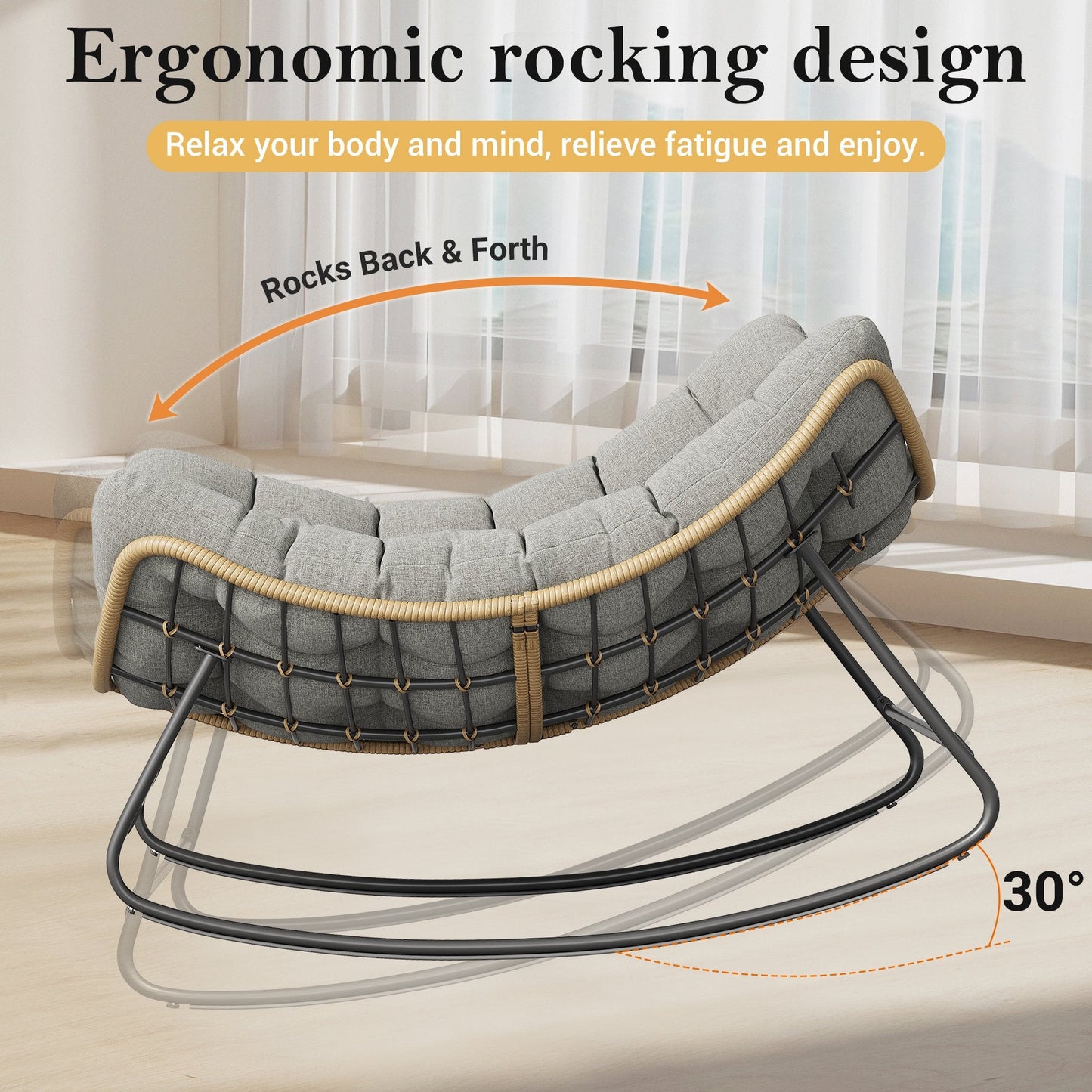 Poteban Outdoor Rocking Chair, Indoor Papasan Chair, Oversized Egg Rocking Chair with Thick Cushion, Rattan Wicker Rocker Lounge Chair for Bedroom, Living Room, Patio, Garden, Porch (Light Grey)