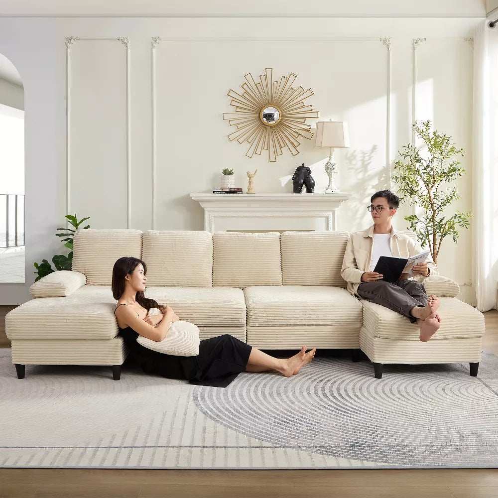 Mjkone 112" U Shaped Sectional Couches, Corduroy Sectional Sofa with Double Chaises and Sleepable Armrests, Large 4 Seater Sofa