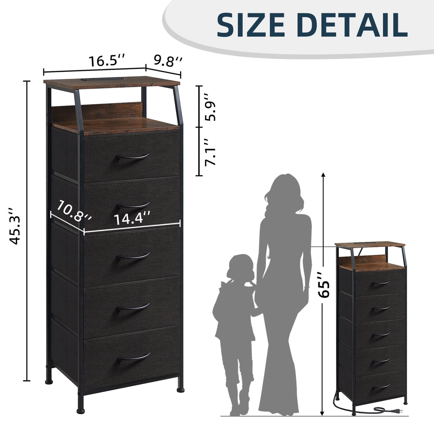 Somdot Dresser with Charging Station, Nightstand with 5 Removable Fabric Drawers, Black Rustic Brown
