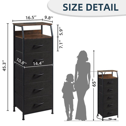 Somdot Dresser with Charging Station, Nightstand with 5 Removable Fabric Drawers, Black Rustic Brown
