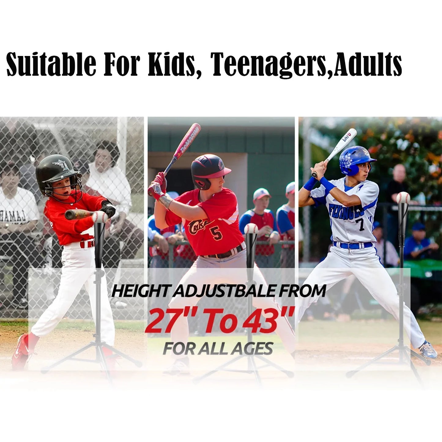 JASCOPRO Baseball Batting Tee, 27" to 43" with Tripod Stand Base, 2 Pcs Replaceable Rubber Tops