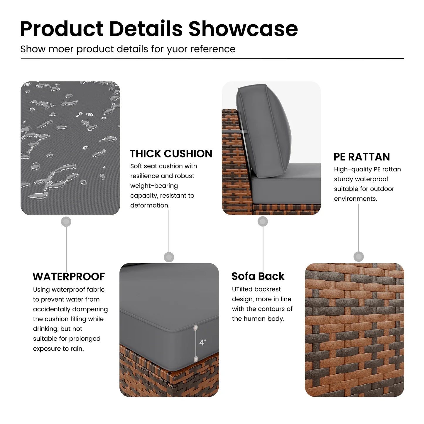 ECOPATIO 7 Pieces Patio Furniture Set, Outdoor Furniture Sectional Rattan Sofa with Slanted Back, Patio Couch with Glass Coffee Table for Backyard Garden Dark Grey (1 Waterproof Cover)