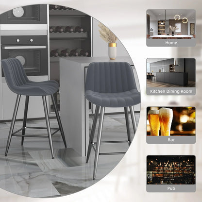 HomeZeer Bar Stools Set of 2, Modern Upholstered Bar Stool with Metal Frames and Footrest, PU Leather Counter Height Bar Stools Full Back Pub Chairs for Kitchen Bistro,Gray