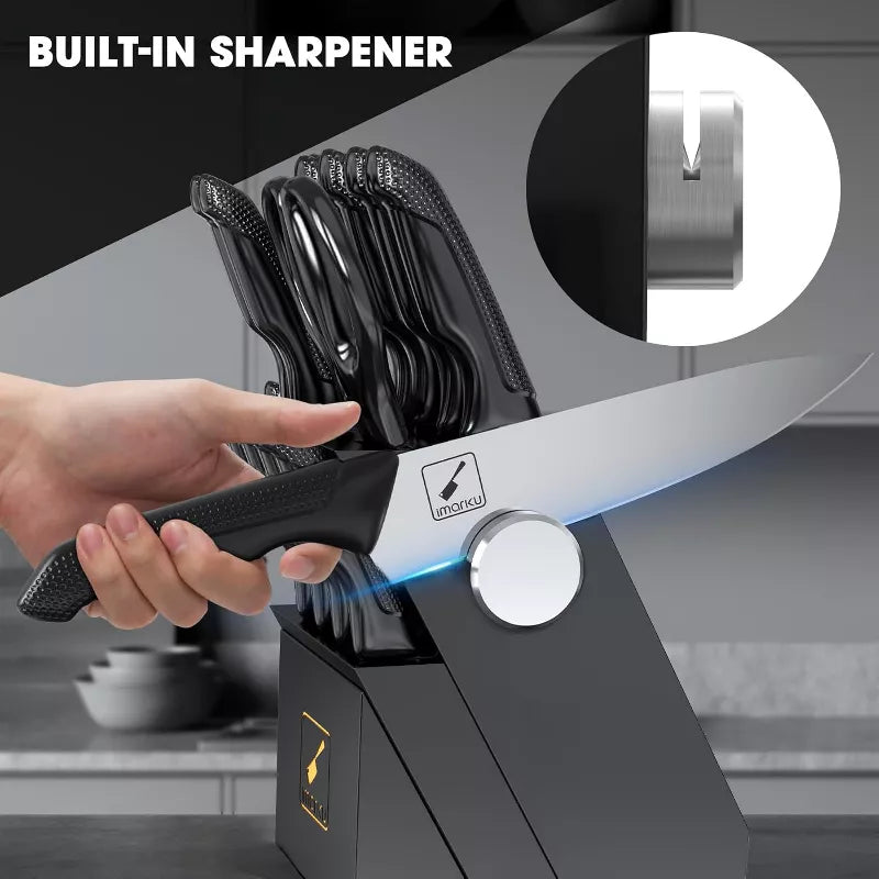 imarku Knife Block Set, Japanese High Carbon Stainless Steel Knives Set for Kitchen, 14-Piece Kitchen Knife Set with Block, Dishwasher Safe