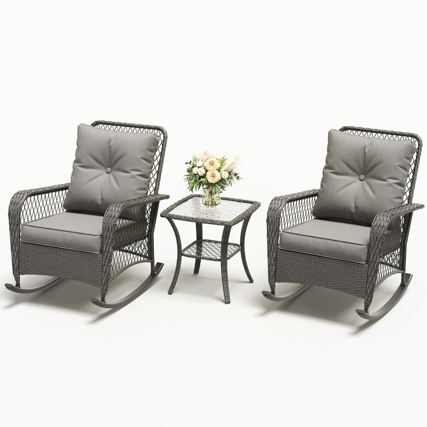 ECOPATIO Outdoor Rocking Chairs Set of 3, Wicker Patio Furniture with Thickened Cushions and Table for Porch£¬350lbs Weight Capacity(Gray)