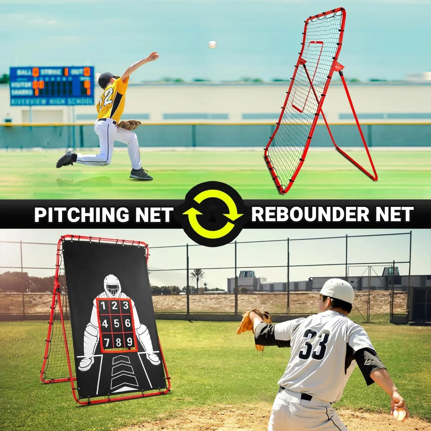 JASCOPRO Pitch Back Baseball/Softball Rebounder, 6x4Ft Baseball Rebounder Net, Adjustable Angles