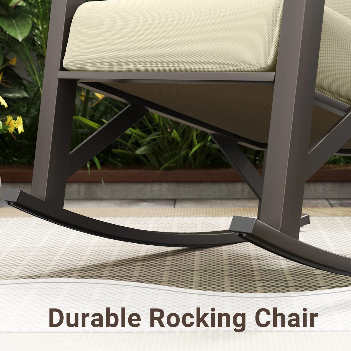 ECOPATIO Rocking Chair Bistro Set,3 Piece Outdoor Patio Furniture Set with 2 Rockers and 1 Metal Coffee Table with Thick Cushions for Porch,Backyard,Poolside,Beige