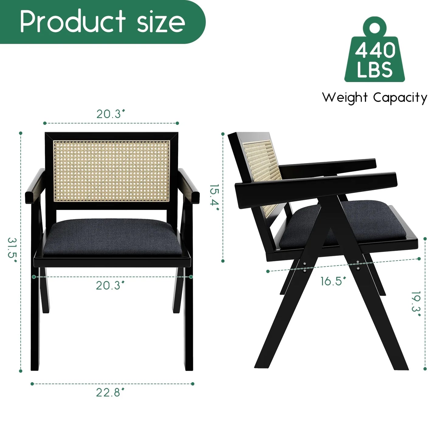 HomeZeer Rattan Dining Chars Set of 2, Upholstered Kitchen Chairs with Armrest and Cane Backrest, Mid Century Wooden Frame Dining Chais, Black