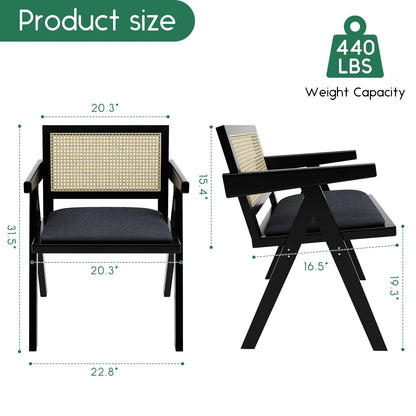 HomeZeer Rattan Dining Chars Set of 2, Upholstered Kitchen Chairs with Armrest and Cane Backrest, Mid Century Wooden Frame Dining Chais, Black