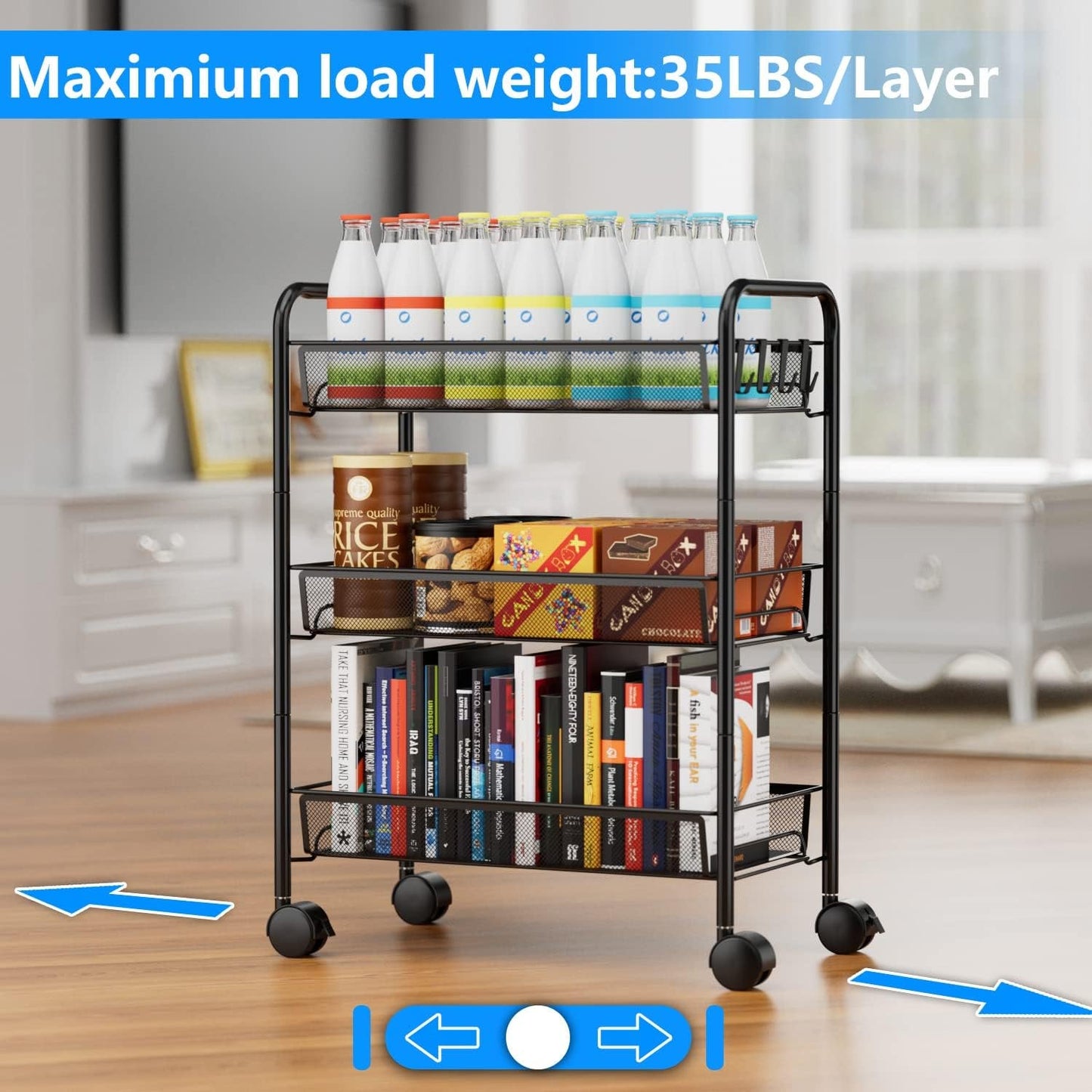 Baokaler 3 Tier Rolling Cart on Wheels, Multifunctional Storage Mesh Cart with 4 Side Hooks, Utility Cart for Home Bathroom Kitchen Office Living Room, Black