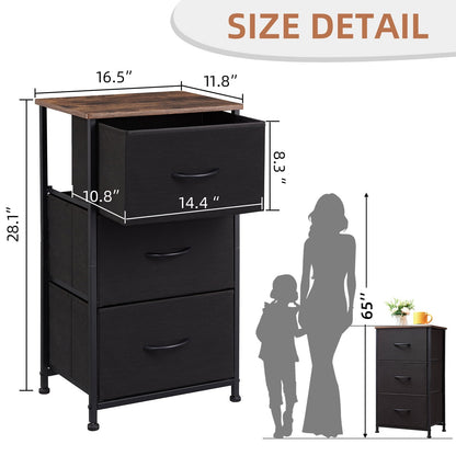Somdot Nightstand with 3 Removable Fabric Vertical Drawers for Living room, Black Rustic Brown