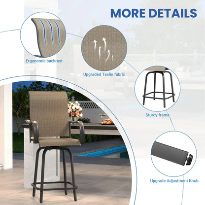 Poteban Patio Swivel Bar Stools Chair of 2, Outdoor Bar Heigt Set, All Weather High Back and Armrest Rocking Stools & Bar Chairs for Backyard, Lawn Garden, Balcony and Pool,Khaki