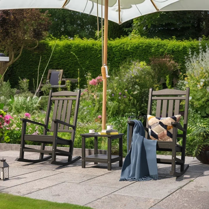 ECOPATIO 3-Piece Outdoor Rocking Chair Set of 3,All Weather Poly Lumber Adirondack Rocker Chair with High Back,Black