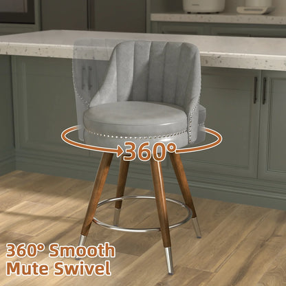 HomeZeer Swivel Bar Stools Set of 2, Counter Height Bar Stools with Back, Leather Swivel Counter Stools with Wood Legs and Footrest, Upholstered Bar Stools Chairs for Kitchen Island, Grey