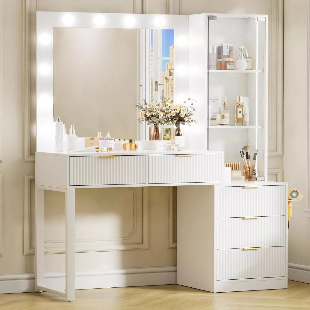 PAKASEPT Fluted Makeup Vanity Tables with 25" Lighted Mirror, 58" Modern Vanity Desk with Glass Canbinet & 5 Drawers, Dressing Table