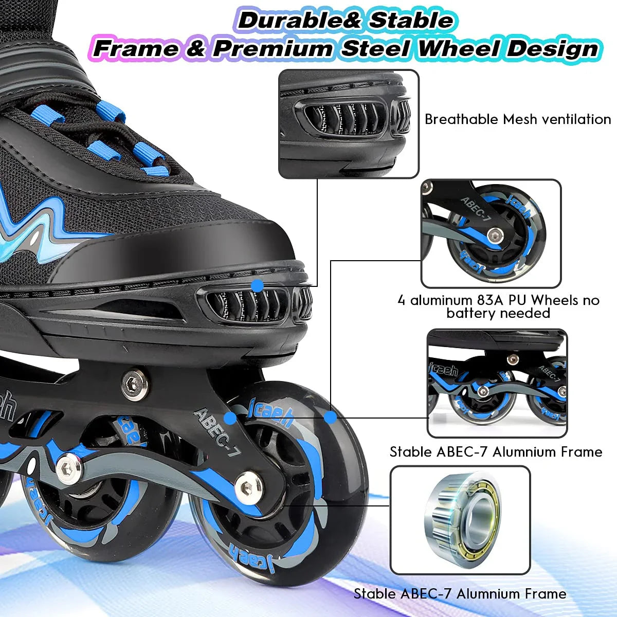 Adjustable Inline Skates for Kids and Adults, jcaeh 4 Sizes Outdoor Blades Roller Skates with Full Illuminating Light Up Wheels for Girls and Boys, Men and Women/Blue(Size 1-4 US)