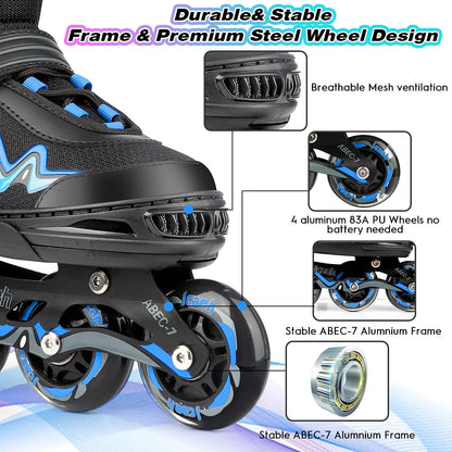 Adjustable Inline Skates for Kids and Adults, jcaeh 4 Sizes Outdoor Blades Roller Skates with Full Illuminating Light Up Wheels for Girls and Boys, Men and Women/Blue(Size 1-4 US)
