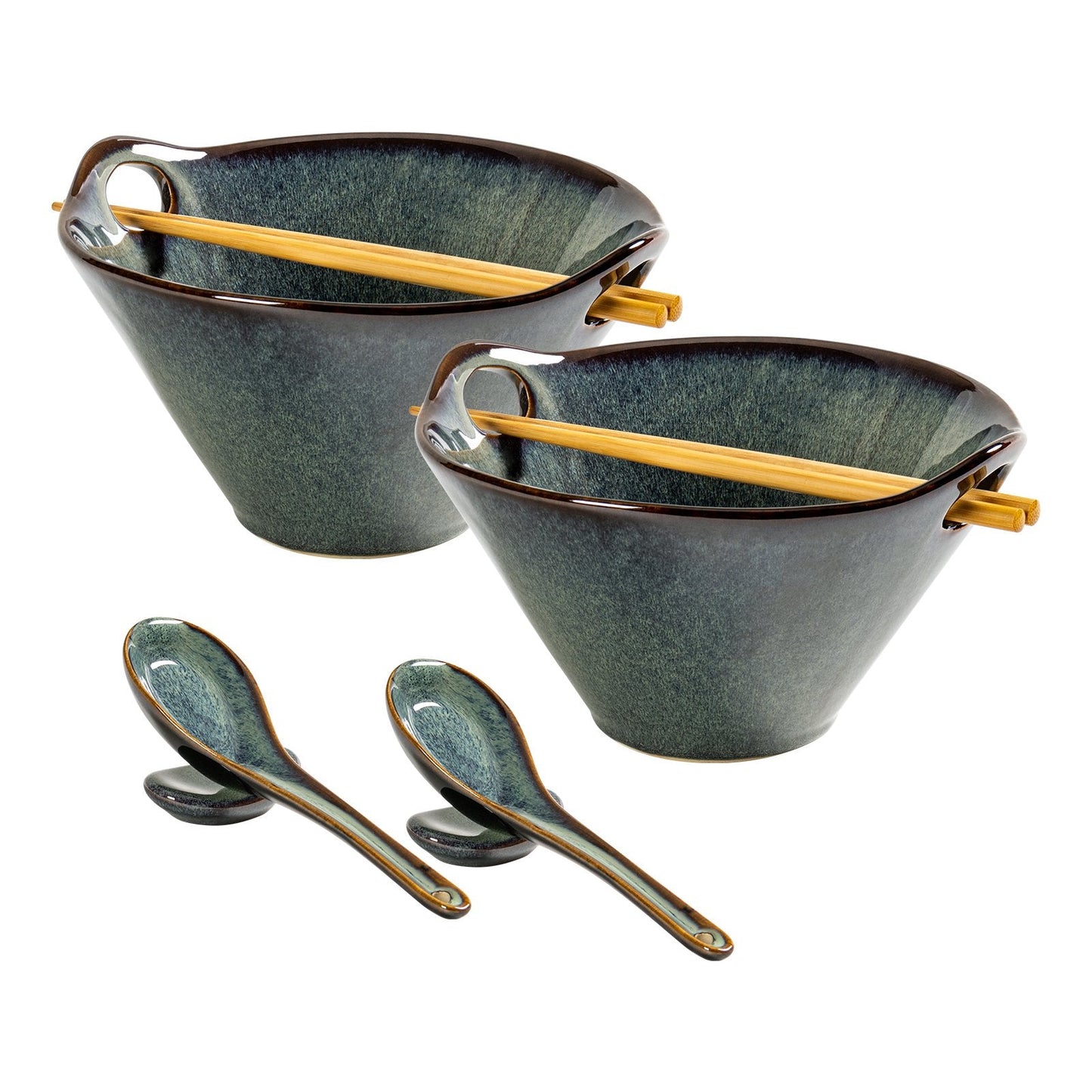UNICASA 26 OZ Ramen Bowls Set, Ceramic Japanese Noodle Bowls Set of 2, Porcelain Deep Salad Bowl with Chopsticks for Udon, Reactive Glaze, Microwave Safe (Green)