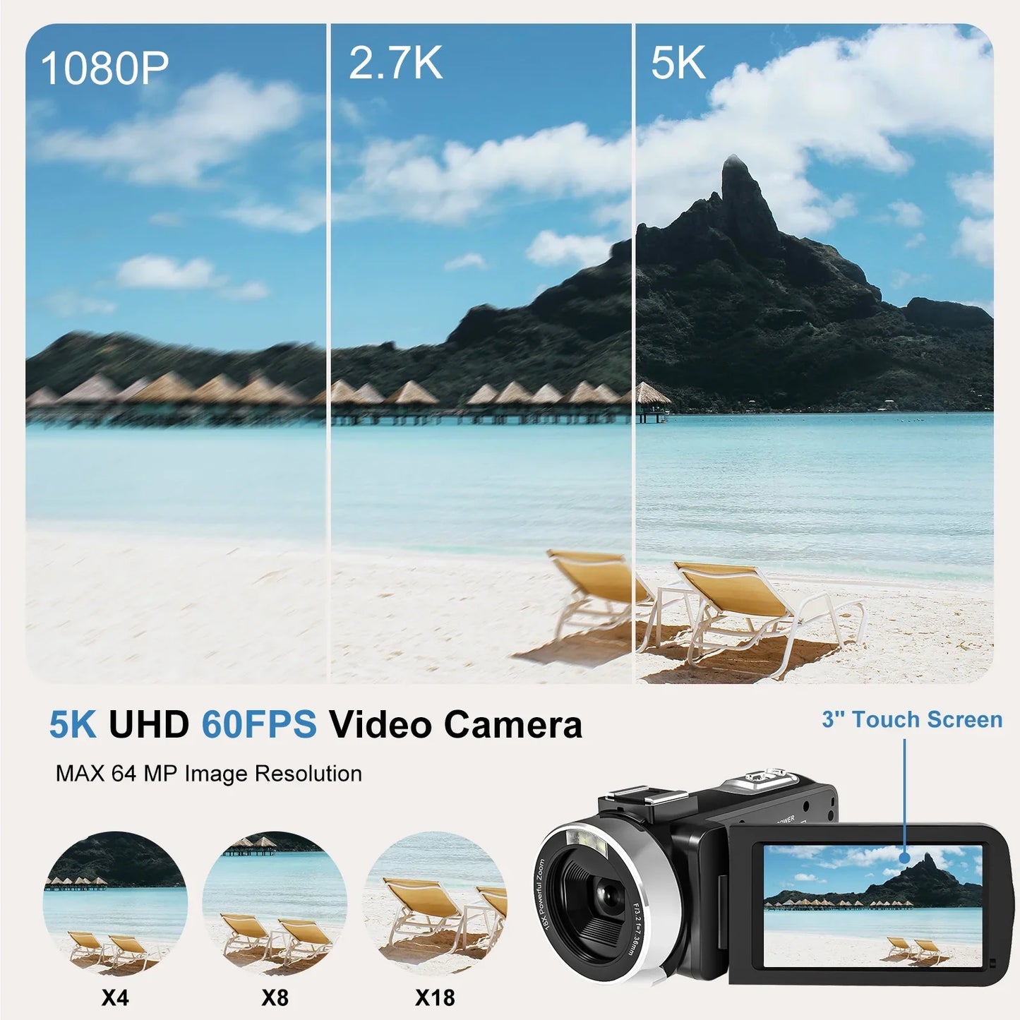 MARVUE 5K Video Camera Camcorder 64MP 18X Zoom Vlogging Camera for Youtube IR Night Vision WiFi 3.0'' Touch Screen Digital Camera