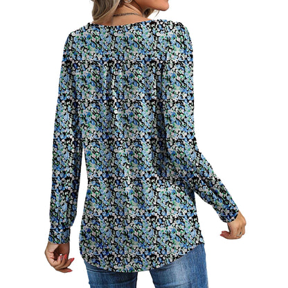 LinenMarket Floral Blouses for Women Pleated Long Sleeve Shirts Casual Crewneck Tunic Tops