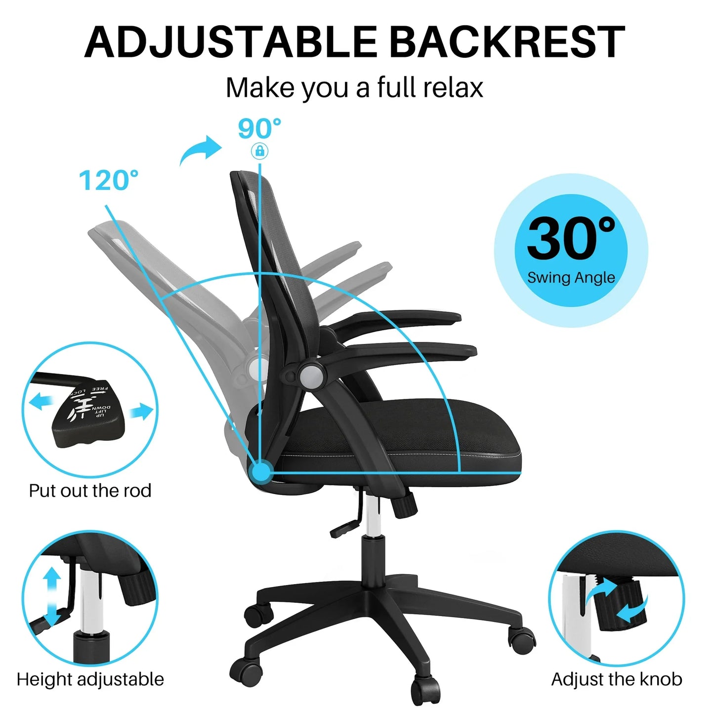 HomeZeer Mid Back Office Desk Chair, Swivel Computer Desk Chair with Lumbar Support, Mesh Home Office Chair with Flip Up Armrest, Black