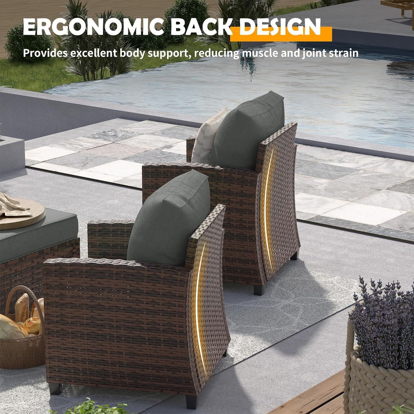 Poteban Patio Furniture Swivel Rocking Chair Sets, 6 Pieces Outdoor Conversation Sectional Furniture, Wicker Rattan Sofa with Rocking Chair, Ottomans, Side Table, Dark Grey Cushion