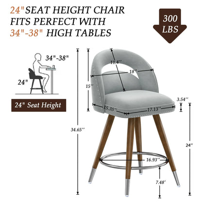 HomeZeer Swivel Counter Height Bar Stools Set of 2, 24 Inch Modern Counter Stools with Back,Velvet Upholstered Barstools for Kitchen Island, Solid Wood Legs Bars Chairs with Footrest, Grey