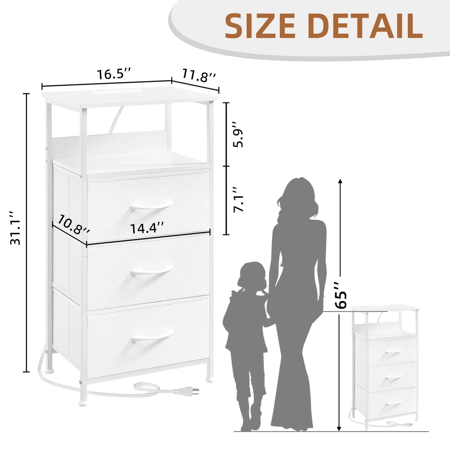 Somdot LED Dresser with Charging Station, 3 Lightweight Fabric Drawers and Open Shelf, White Leather