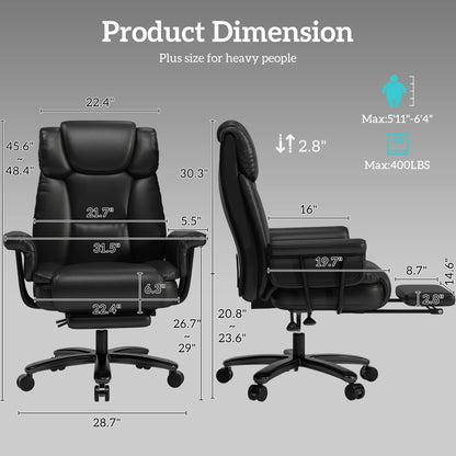HomeZeer Big and Tall Office Chair 400lbs, Reclining Office Chair with Footrest, High Back Leather Wide Seat Comfortable Office Chair, Swivel Ergonomic Executive Desk Chair, Black