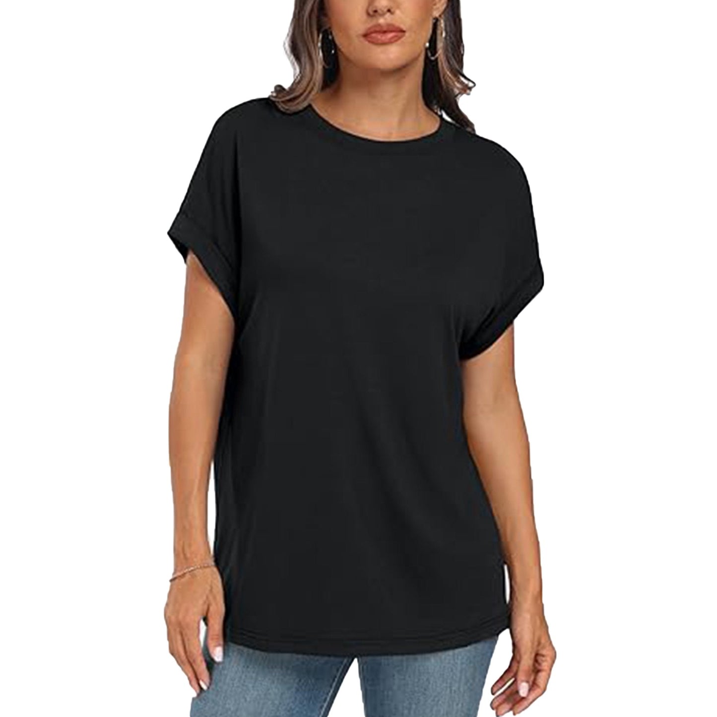 VDJ Women Casual Tops Summer Short Sleeve Crew Neck T Shirts Trendy Black Tunic Tee Solid Blouses for Lady Size XL
