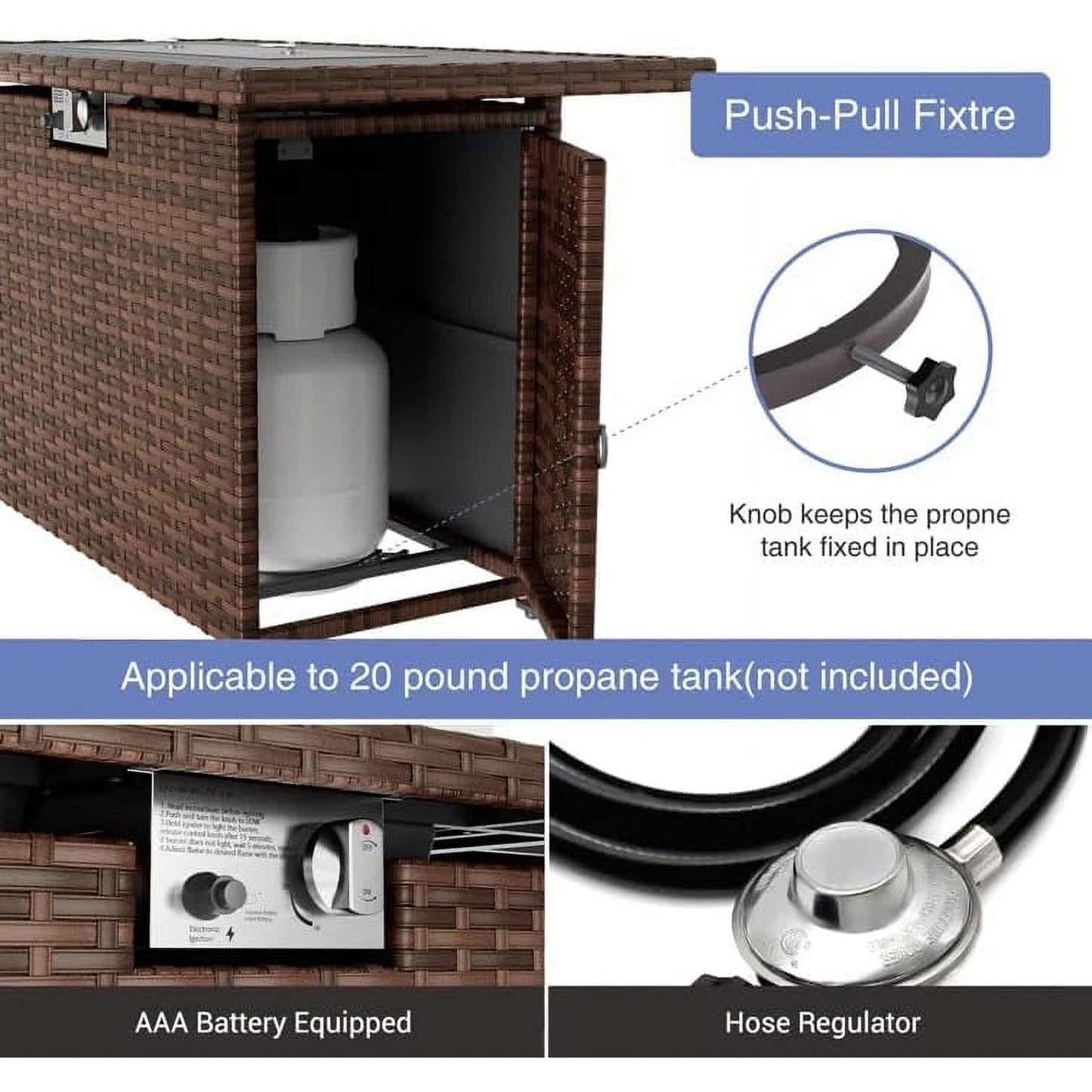 Poteban Rattan Propane Gas Fire Table,Outdoor Gas Burning Fire Pit,Outdoor Rattans Wicker-Look Square Fire Table with windscreen for Backyard,Brown