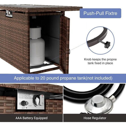 Poteban Rattan Propane Gas Fire Table,Outdoor Gas Burning Fire Pit,Outdoor Rattans Wicker-Look Square Fire Table with windscreen for Backyard,Brown